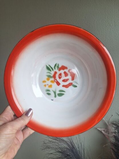 Vintage emaille schaal rood groen